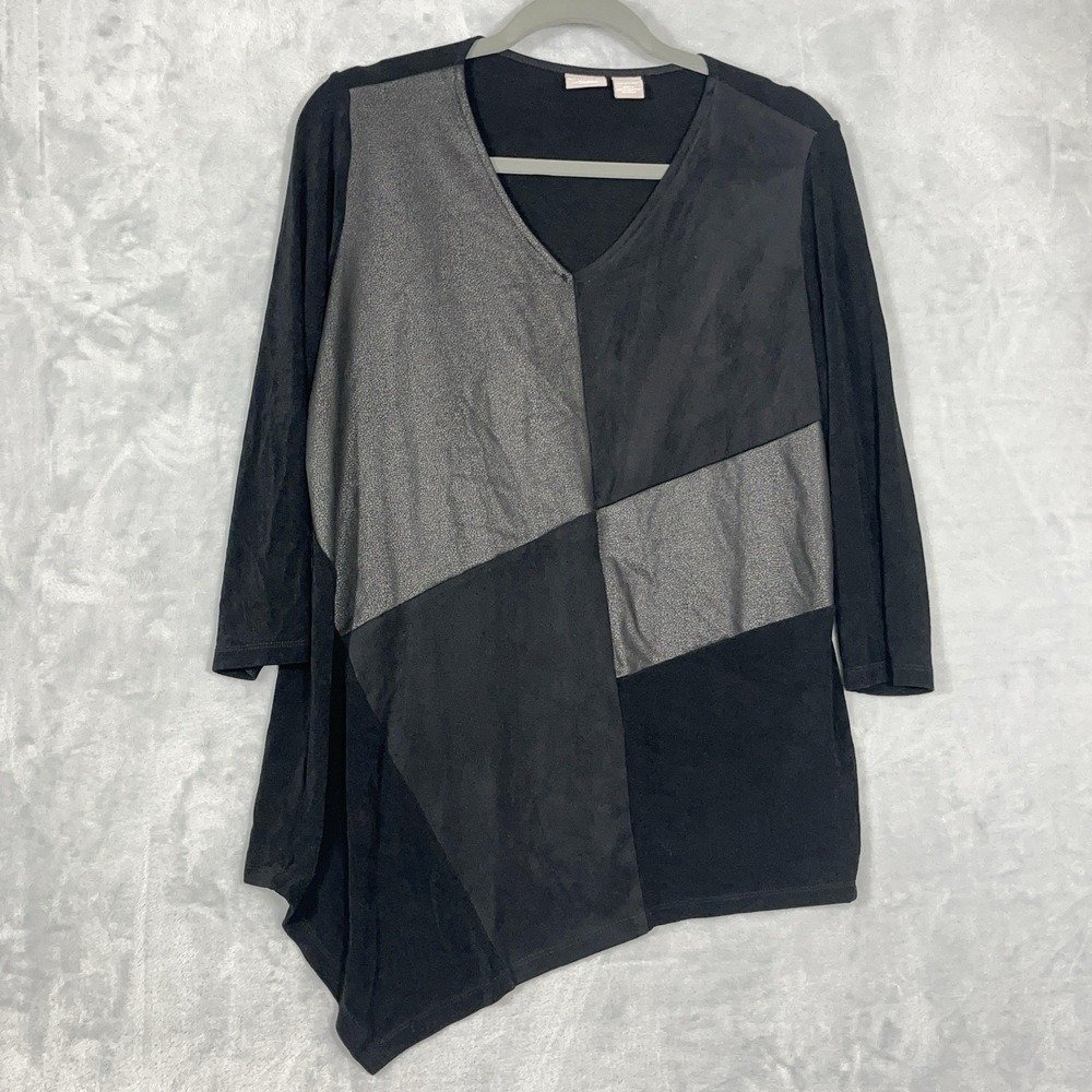 Chicos Travelers Womens Top 1/Med Black Faux Leather 3/4 Sleeve Patchwork Flowy